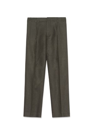 Graue maßgeschneiderte Hose mit geradem Bein, vorne mit Falten versehen, glatter Stoffstruktur und sauberem Bund für einen eleganten Look.