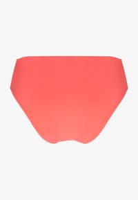 Koralo spalvos bikini kelnaitės, pagamintos iš lygaus ir elastingo audinio. Turi paprastą dizainą, be papildomų raštų ar akcentų, su vientisa spalva.