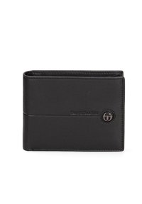 Black leather bifold wallet with subtle embossed brand name and round metal logo on front.