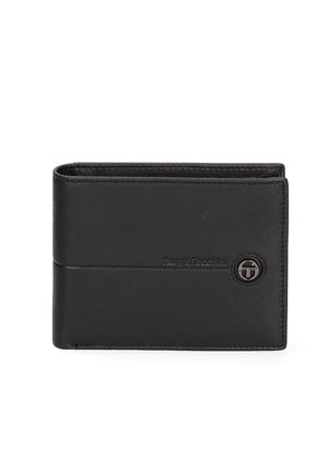 Black leather bifold wallet with subtle embossed brand name and round metal logo on front.
