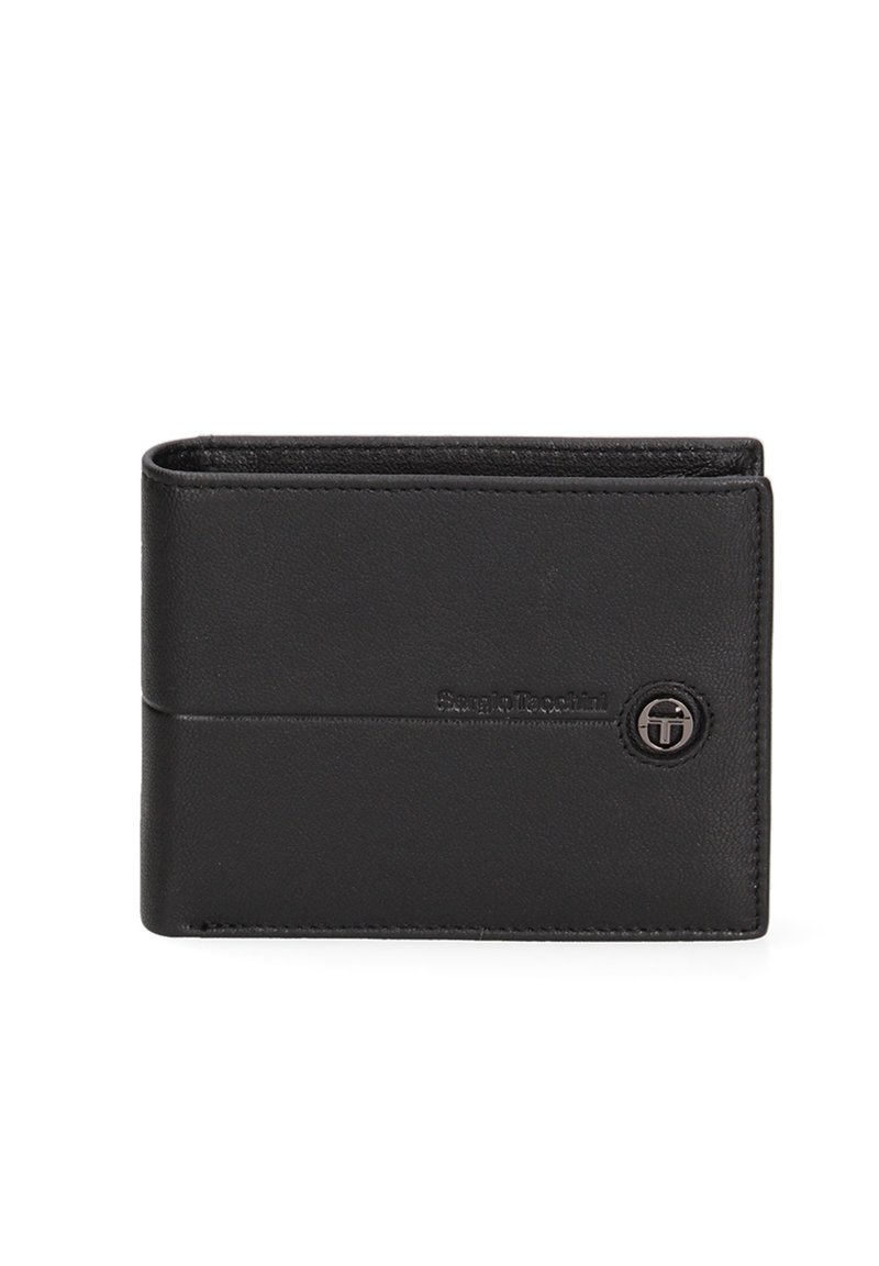 Black leather bifold wallet with subtle embossed brand name and round metal logo on front.