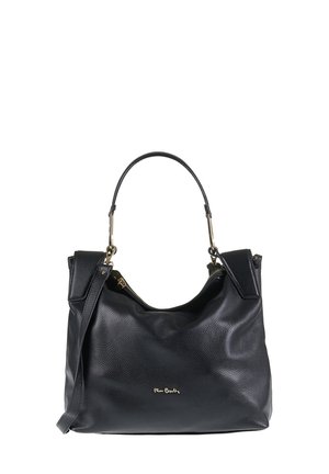 Borsa a mano in pelle nera con finitura testurizzata, caratterizzata da un manico superiore singolo, una tracolla regolabile e un accento del logo dorato.
