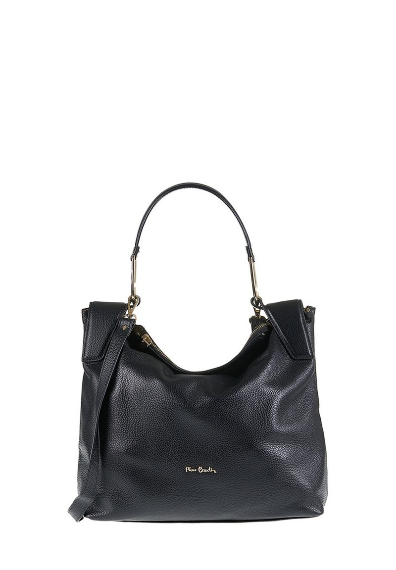 Zwarte leren handtas met een gestructureerde afwerking, voorzien van een enkele bovenhandgreep, verstelbare schouderriem en een gouden logo accent.