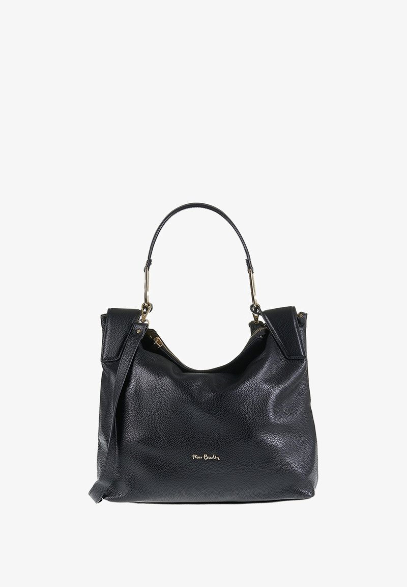 Zwarte leren handtas met een gestructureerde afwerking, voorzien van een enkele bovenhandgreep, verstelbare schouderriem en een gouden logo accent.