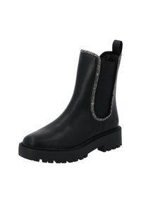 Botines negros con un upper de cuero liso, panel elástico y ribete adornado. Suela gruesa de goma con un perfil texturizado para mayor agarre.