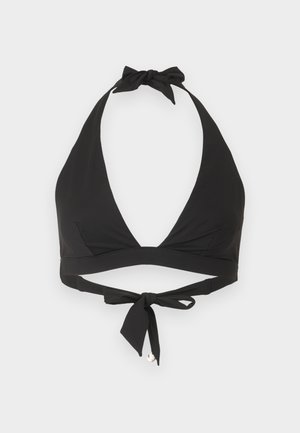 Crni halter bikini top sa vezicama oko vrata i na leđima, s malim okruglim metalnim ukrasom na leđnoj vezici.