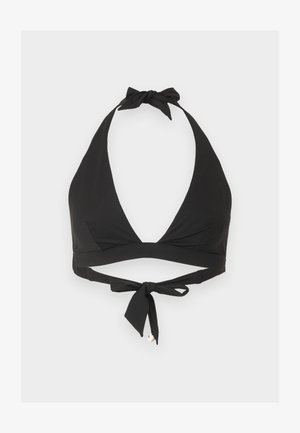 Black halter bikini top with ties at neck and back, featuring a small round metallic charm on the back tie.