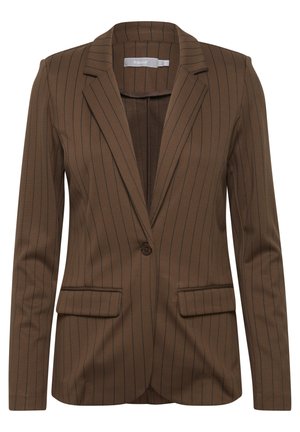 Bruine blazer met streepdessin, een enkele knoop, twee voorzakken en een gekartelde kraag, gemaakt van een gladde stof.