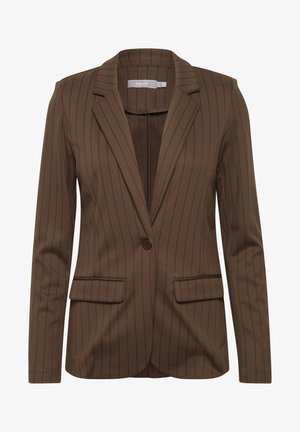 Barna csíkos zakó egy gombbal, két elülső zsebbel és felső gallérral, sima anyagból készült.