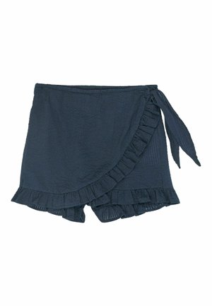 Granatowe krótkie spodenki z falbankami na krawędziach i wiązaniem po boku, teksturowana tkanina, zaprojektowane do noszenia na co dzień.