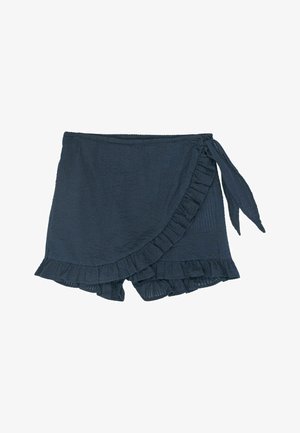 Granatowe krótkie spodenki z falbankami na krawędziach i wiązaniem po boku, teksturowana tkanina, zaprojektowane do noszenia na co dzień.