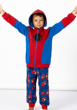 Red and blue Spider-Man hoodie with spider graphic, paired with blue pajama pants featuring red Spider-Man faces and black accents.
