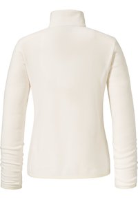 Weißer Fleece-Pullover mit hohem Kragen und langen Ärmeln. Glatte Textur mit gerafften Manschetten und einem einfachen, klaren Design.