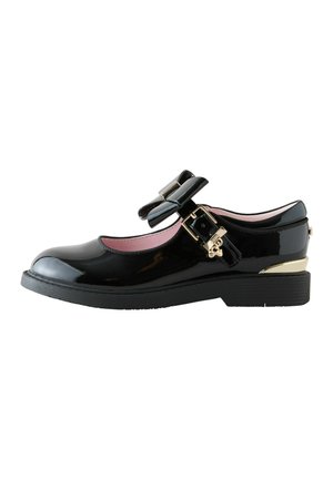Schwarzer Lack-Mary-Jane-Schuh mit Schleife und goldener Schnalle am Riemen, niedriger Absatz mit goldenem Akzent und rosa Innenfutter.