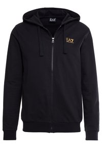 Svart zip-up hoodie i mjukt tyg, med dragsko i huvan, lång ärm, ribbade mudd och en guld EA7-logotyp på bröstet.