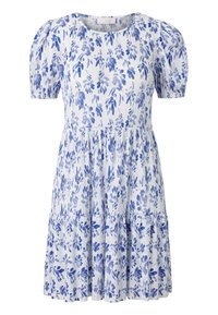Rochie cu imprimeu floral în albastru și alb, cu mâneci scurte tip bufant, guler rotund, fustă în straturi, țesătură texturată cu un design plisat.