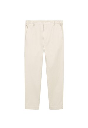 Beige cotton trousers with a straight leg design, featuring two side pockets, a button closure, and a smooth texture.
