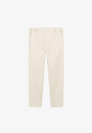 Pantaloni beige in cotone con design a gamba dritta, dotati di due tasche laterali, chiusura con bottone e una texture liscia.