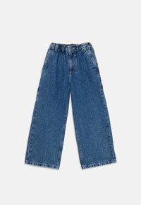 Bredde bein blå denimbukser med høy midje, med knappelukking og slitt tekstur i en klassisk fem-lommers design.
