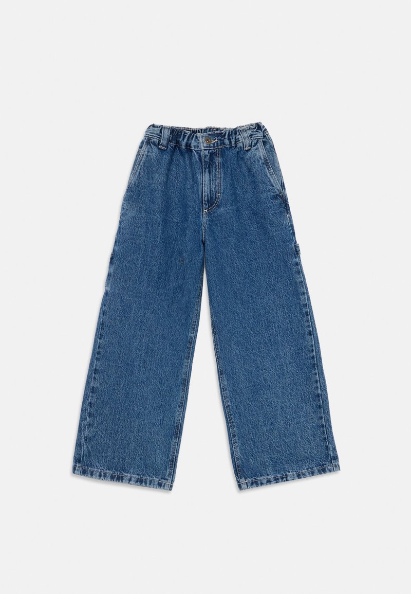 Bredde bein blå denimbukser med høy midje, med knappelukking og slitt tekstur i en klassisk fem-lommers design.