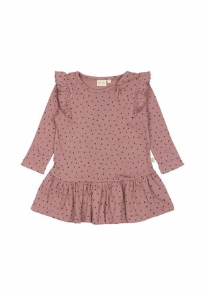 Langärmliges Kleid aus staubigem rosa Rippstoff, mit schwarzen dreieckigen Tupfen, rüschengeschnittenen Schultern und einem ausgestellten Rock.