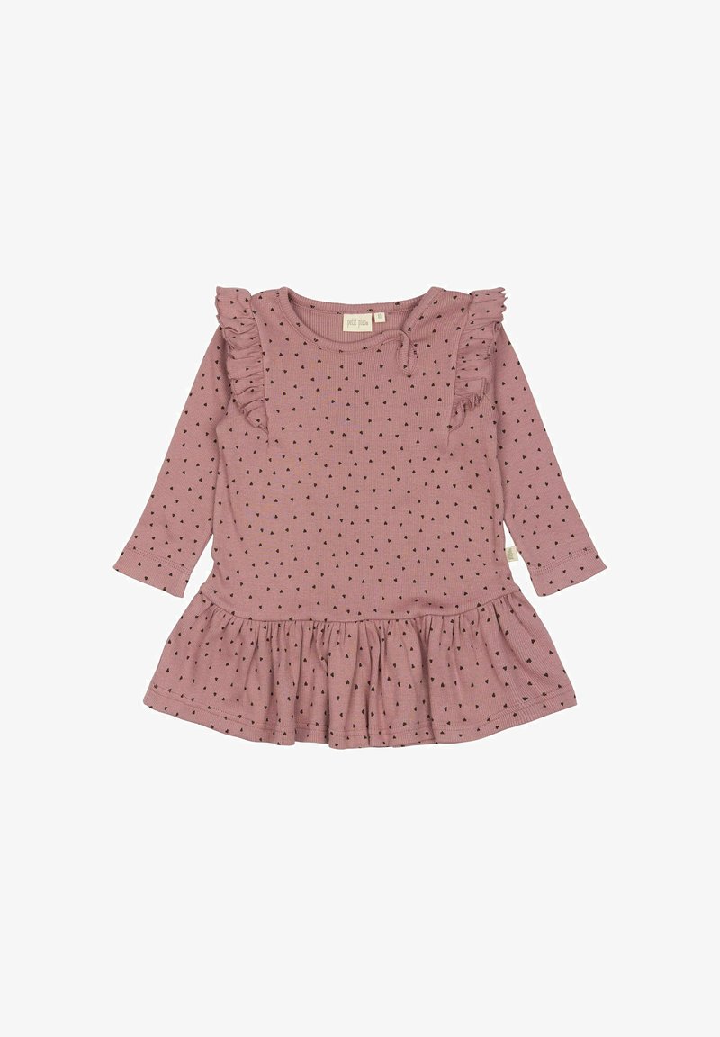 Dlhý rukáv šaty z prachovo ružovej rebrovanej látky, so čiernymi trojuholníkovými bodkami, volánovými ramenami a rozšírenou sukňou.