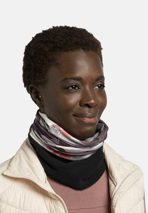 Gaiter multicolor hecho de tela suave, con patrones abstractos en tonos de gris, rosa y negro, con una etiqueta de logo visible.