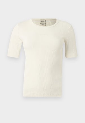 Törtfehér, rövid ujjú bordázott kötött felső környakú nyakkivágással és Calvin Klein címkével a belső hátsó galléron.