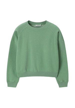 Sweat-shirt court vert à manches longues avec poignets côtelés, ourlet et encolure ronde sur fond blanc.