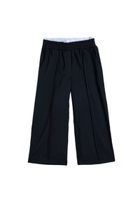 Schwarze weite Hosen mit relaxed Fit, ausgestattet mit einem dehnbaren Bund und einem hellblauen Innenfutter sowie seitlichen Taschen.