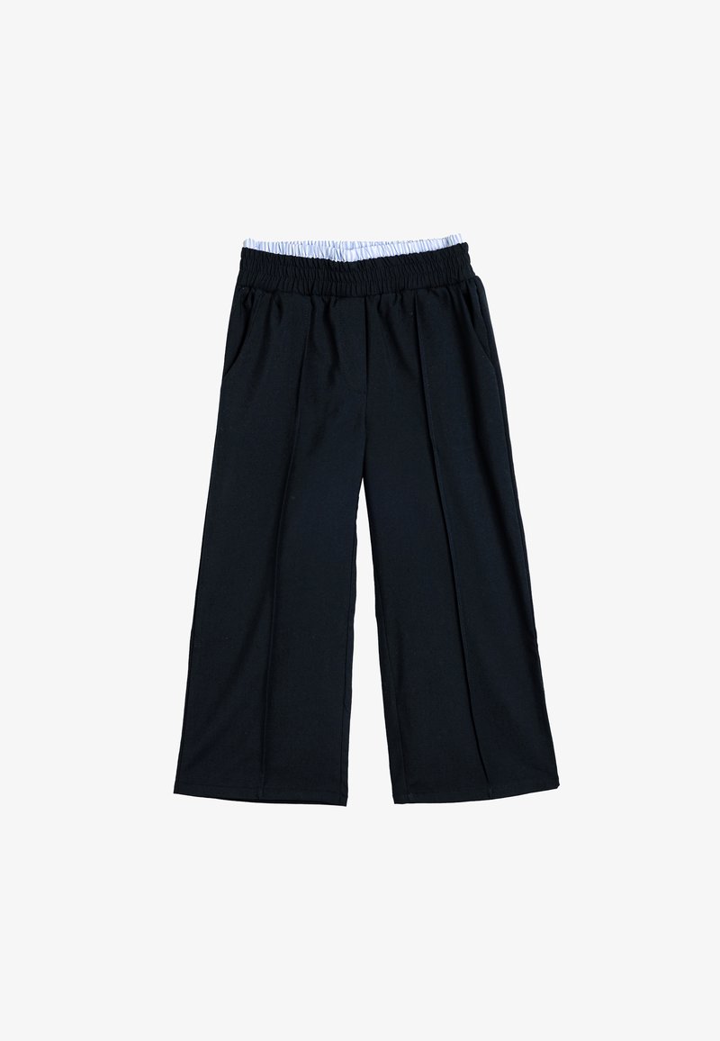 Schwarze weite Hosen mit relaxed Fit, ausgestattet mit einem dehnbaren Bund und einem hellblauen Innenfutter sowie seitlichen Taschen.