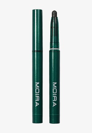 Eye-liner rétractable vert de la marque Moira avec capuchon, un fermé et un ouvert montrant la pointe du crayon noir.