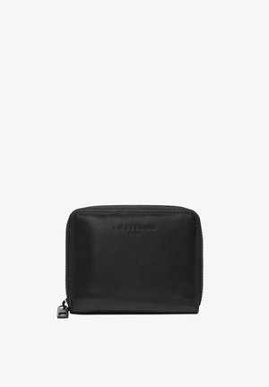 Black leather wallet with a zip-around closure, embossed logo on the front, smooth texture, and a rectangular shape.