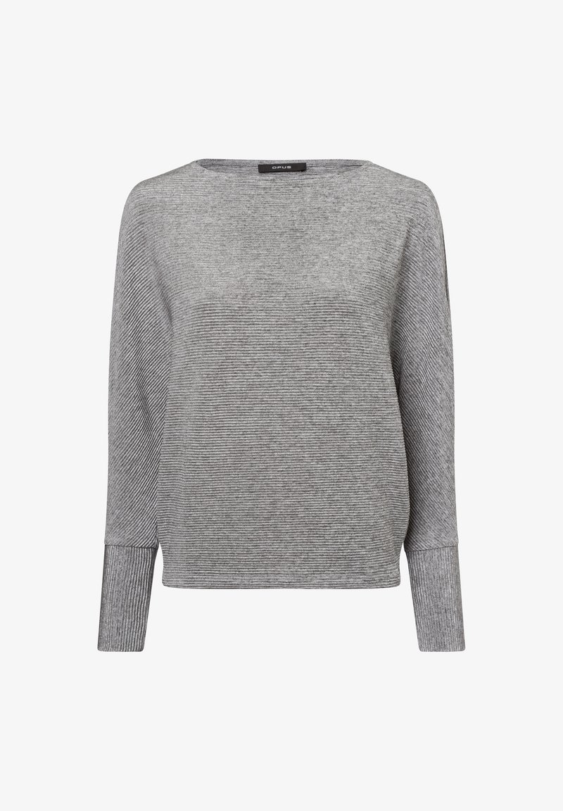Grijze trui met een ontspannen pasvorm, voorzien van een geribbelde textuur en lange mouwen. De stof heeft subtiele horizontale strepen en een ronde halslijn.