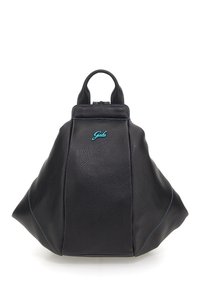 Zaino in pelle nera con finitura texturizzata, caratterizzato da una leggera lucentezza. Ha una maniglia superiore e dettagli di cucitura blu. Logo del brand in evidenza in blu.