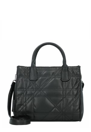 Sac à main en cuir noir avec un design matelassé, doté de deux poignées supérieures et d'une bandoulière amovible. Surface texturée avec des coutures diagonales.