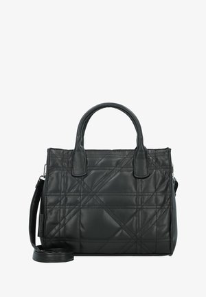 Borsa a mano in pelle nera con design trapuntato, dotata di due manici superiori e di una tracolla removibile. Superficie testurizzata con cuciture diagonali.