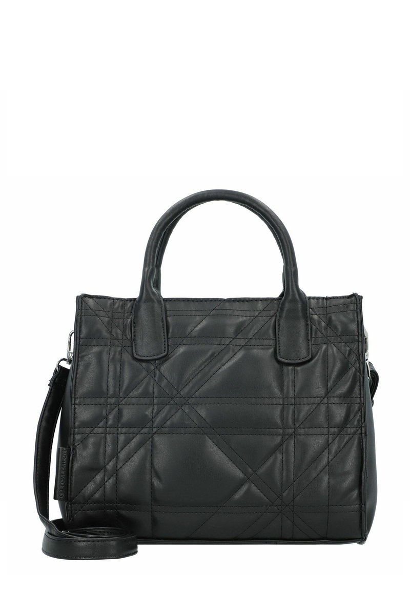 Borsa a mano in pelle nera con design trapuntato, dotata di due manici superiori e di una tracolla removibile. Superficie testurizzata con cuciture diagonali.
