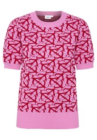 Knitted sweater in light pink with a bold red abstract pattern. Features short puff sleeves and a ribbed crewneck with matching cuffs.
