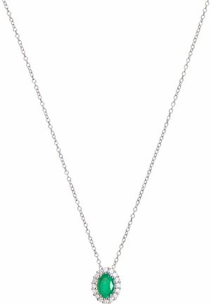 Silberne Halskette mit einem ovalen grünen Edelstein, umgeben von einem kreisförmigen diamantähnlichen Akzent, an einer zarten Kette.