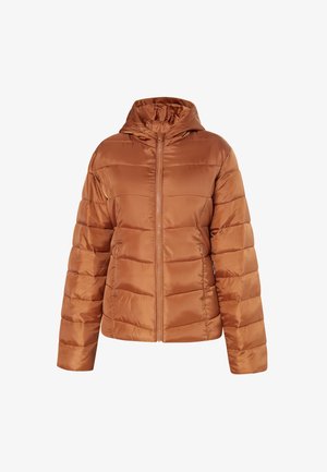 Hnědá péřová bunda s kapucí, zapínáním na zip a prošívaným vzorem. Vyrobena z lesklého, hladkého materiálu, s elastickými manžetami a mírně zkráceným střihem.