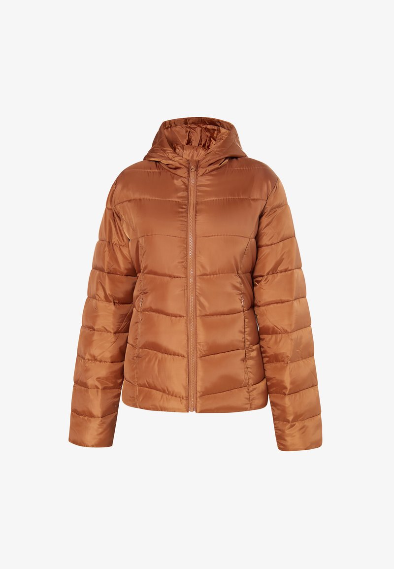 Brun pufjakke med hætte, lynlås foran og quiltet mønster. Lavet af skinnende, glat materiale, med elastiske manchetter og en let cropped design.