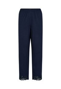 Navy blue lounge pants with an elastic waistband and lace trim at the hem. Made from soft fabric with a straight leg design.