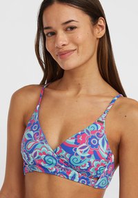 Top bikini colorato con motivo floreale in rosa, blu e verde. Presenta sottili spalline regolabili e un design a scollatura a V.
