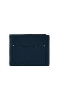 Navy leather wallet with a textured finish, featuring a front pocket and gold-tone accent. Folded design with visible stitching detail.