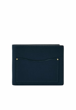Navy leather wallet with a textured finish, featuring a front pocket and gold-tone accent. Folded design with visible stitching detail.