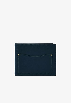 Portafoglio in pelle blu navy con finitura testurizzata, caratterizzato da una tasca frontale e dettagli in ton i oro. Design pieghevole con cuciture visibili.