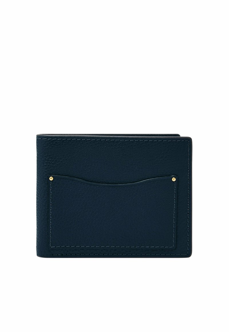 Navy leather wallet with a textured finish, featuring a front pocket and gold-tone accent. Folded design with visible stitching detail.