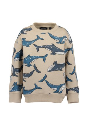 Beiger Kinder-Sweatshirt mit langen Ärmeln, blauen Wal-Mustern überall, gerippten Bündchen und Rundhalsausschnitt.