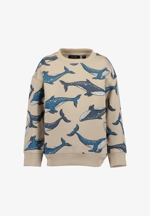 Beiger Kinder-Sweatshirt mit langen Ärmeln, blauen Wal-Mustern überall, gerippten Bündchen und Rundhalsausschnitt.